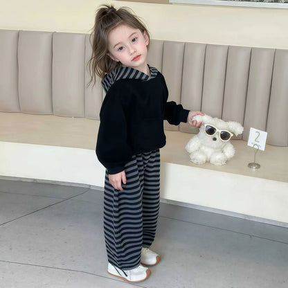 Girl Hoodie 2-Piece Set Spring Autumn Stripe Tops Pullover Pants Sportswear Child Kawaii Fashion New Style Casual Clothing 3-12Y