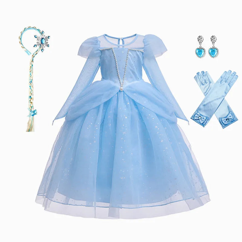 Elsa Cosplay Costume Kids Layers Deluxe Ball Gown Princess Dresses Aurora Christmas Wedding Evening Dress Girls Princess Dresses
