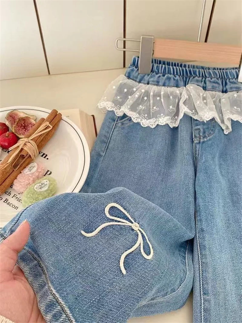 Girls Stitching Lace Denim Pants 2025New Spring Embroidered Bow Jeans Children Clothes Kids Straight Legged Pants Loose Trousers