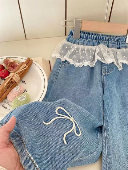 Girls Stitching Lace Denim Pants 2025New Spring Embroidered Bow Jeans Children Clothes Kids Straight Legged Pants Loose Trousers