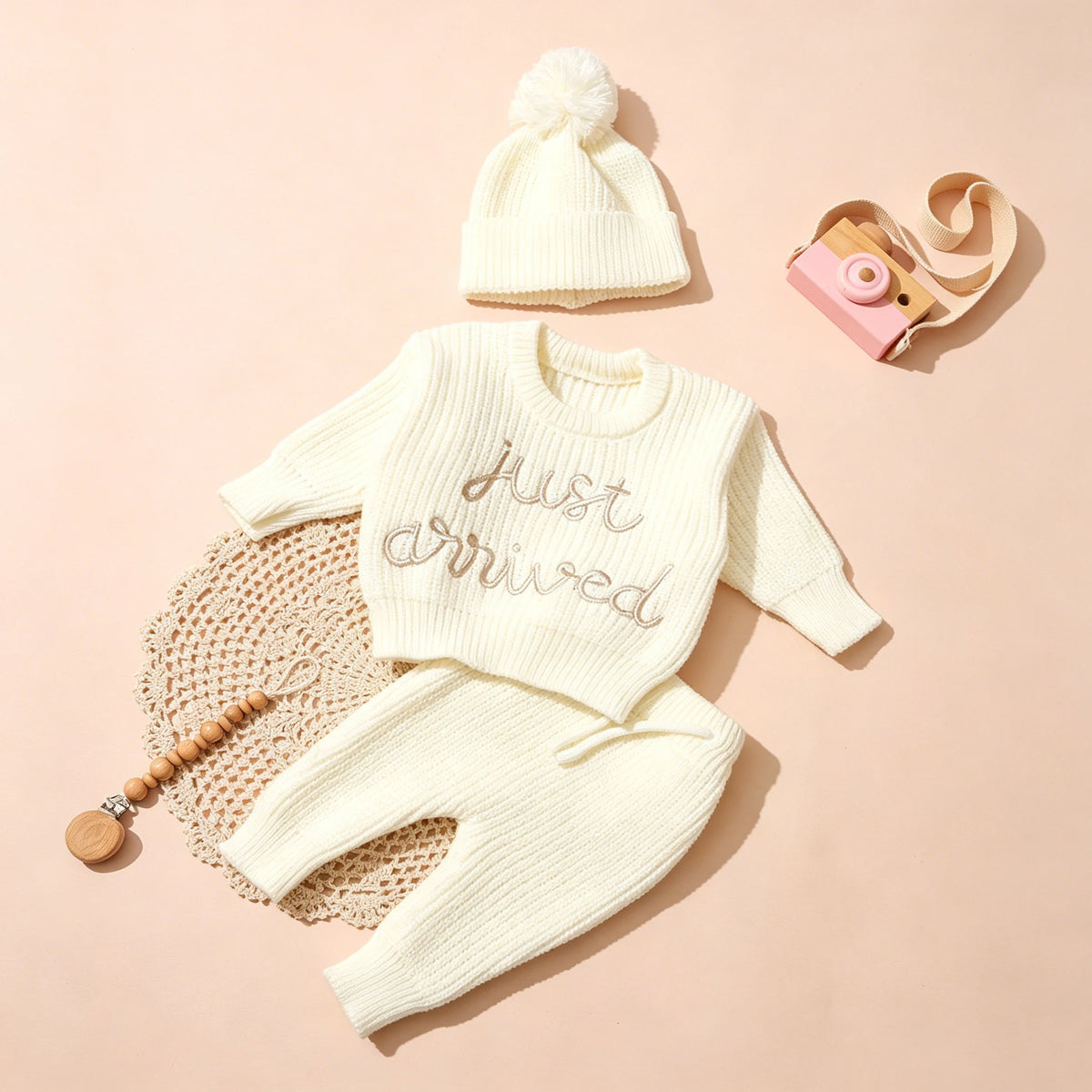 Ylsteed 3 Pcs Set Knitting Newborn Boy Photography Clothes "Just Arrived" Embroidery Khaki Baby Outfits Sweater Baby Shower Gift