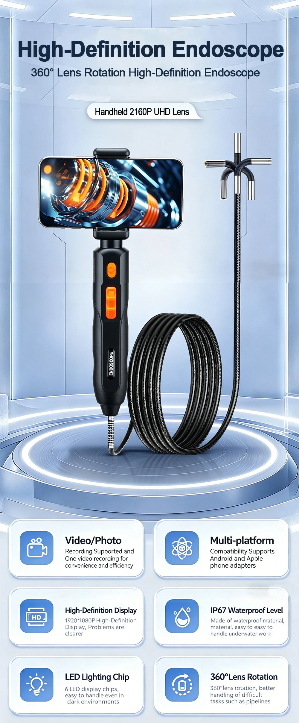 4K UHD 360° Two-Way Type-C Articulating 6mm Endoscope Camera Borescope Car Inspection Industrial Endoscope For IOS Android