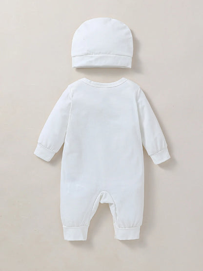 2Pcs Baby Unisex  Boys/Girls 2025 All Seasons Long Sleeve Cute Pullover Jumpsuit For Newborn Casual Daily Clothes+Hat