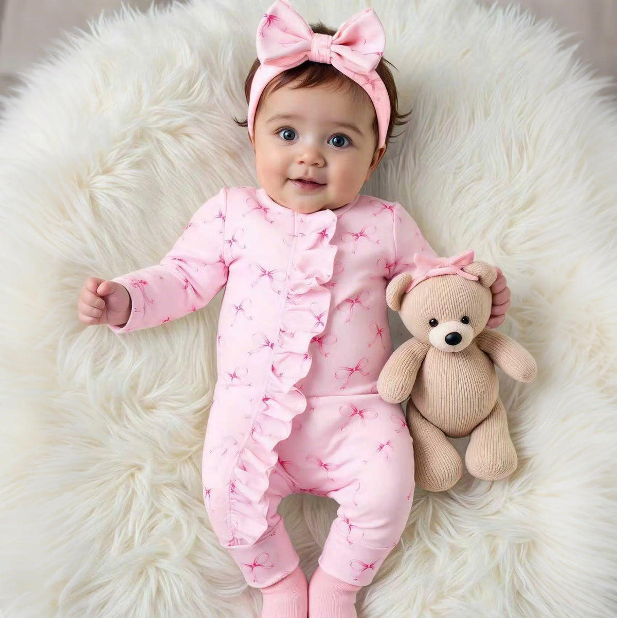 Ylsteed 2Pcs Set Pink Bowknot Newborn Photography Jumpsuit with Pink Bow Headband 100 Days Baby Girl Photoshoot Outfits