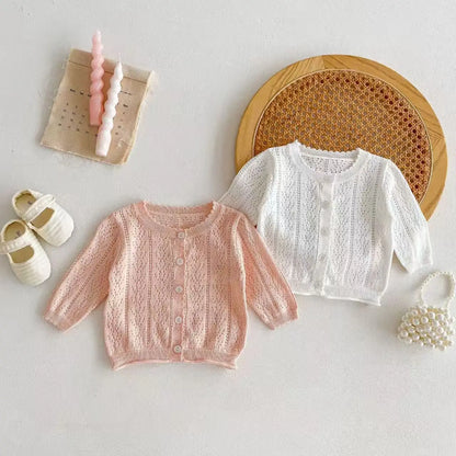 Korean-style Baby Girls' Top - Sweet, Breathable, Soft, and Pure-Color Cardigan