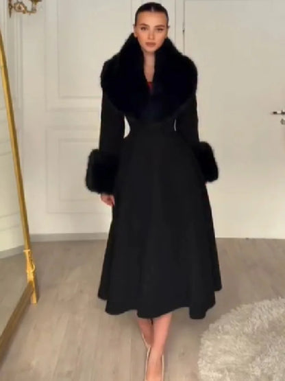Women Wool Blend Coat Faux Fur Collar And Cuffs Fitted Waist Flared Maxi Silhouette Outerwear Winter Elegant Street Overcoat