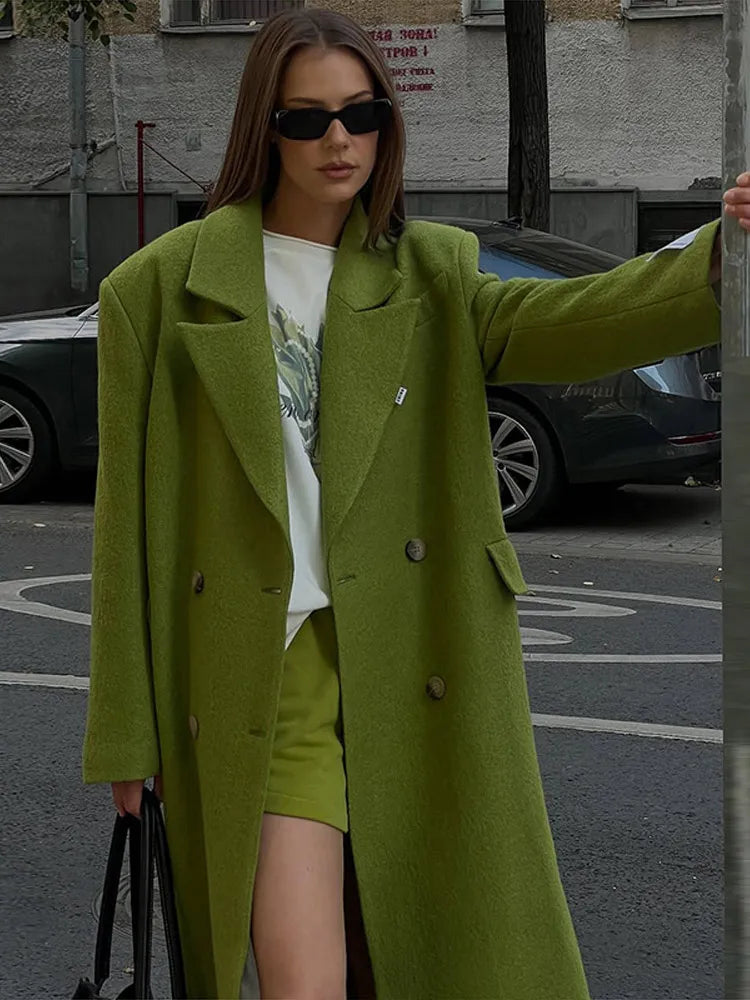 Women Olive Green Oversized Coat Notched Lapel Double Breasted Straight Outerwear Vintage Fall Winter Daily 2026 Office Outfit