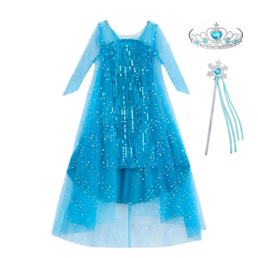 Girl Stunning Princess Maxi Dress All Body Sequin Covered Blue Train Sparkly Tulle Costume Snow Queen Party Elsa Cosplay Outfit