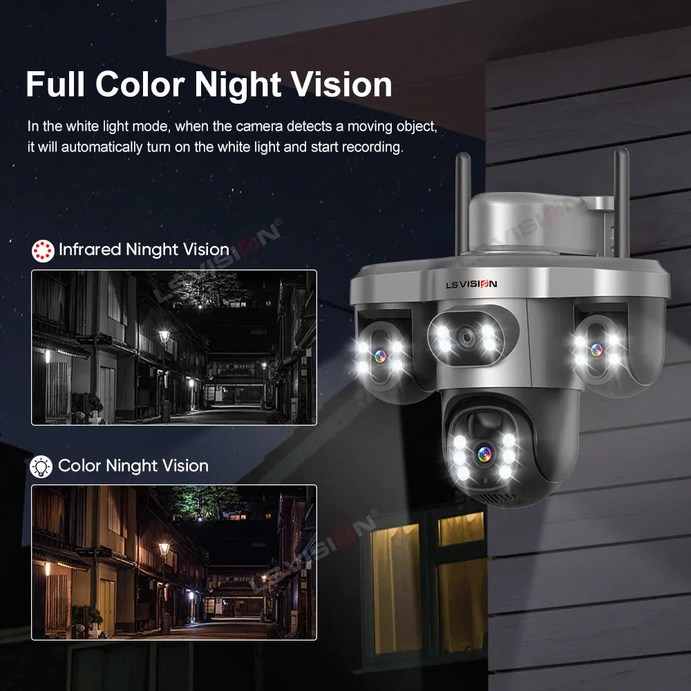 LS VISION Wireless WiFi Solar Camera Three Lens Three Screen 4G Sim Card Solar Cam Human Detection Outdoor Solar Surveillance