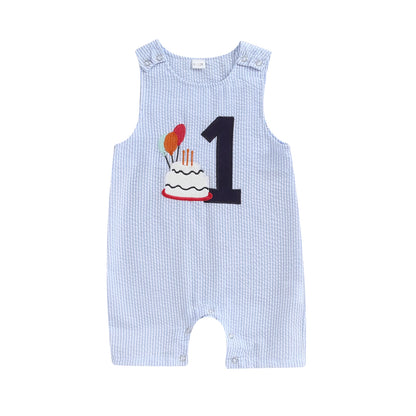 FOCUSNORM 3 Colors 0-18M Lovely Baby Boys Overalls Romper Sleeveless Letter Embroidery Cake Striped Birthday Jumpsuits