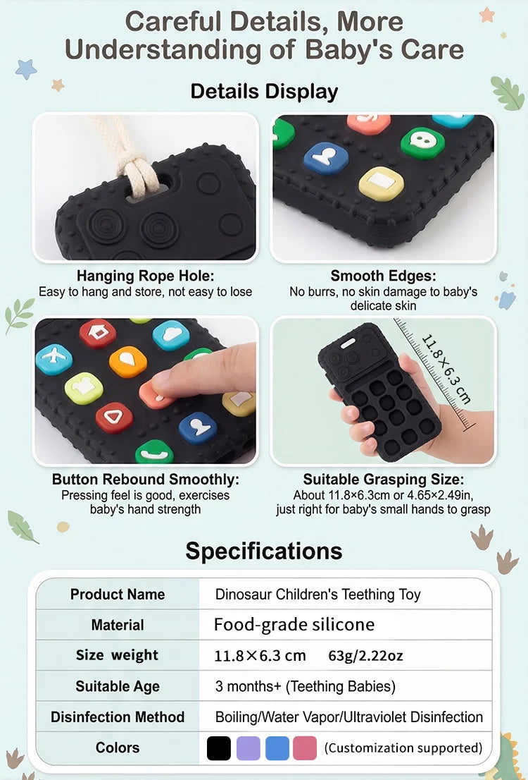 Baby Dinosaur Phone Teething Toy Food Grade Silicone Chew Molar Stick BPA Free Boilable Cute Toddler Teether Soothing Gum Relief