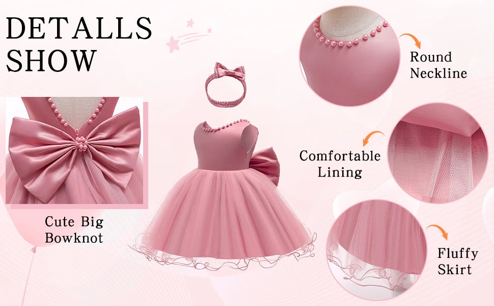 Infant Baby Tulle Backless Pageant Wedding Party Flower Girls Big Bow Dress With Headwear For Toddler Baptism Birthday Prom Gown