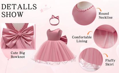 Infant Baby Tulle Backless Pageant Wedding Party Flower Girls Big Bow Dress With Headwear For Toddler Baptism Birthday Prom Gown