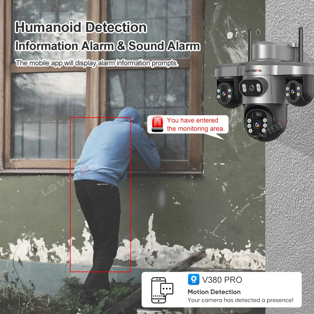 LS VISION Wireless WiFi Solar Camera Three Lens Three Screen 4G Sim Card Solar Cam Human Detection Outdoor Solar Surveillance