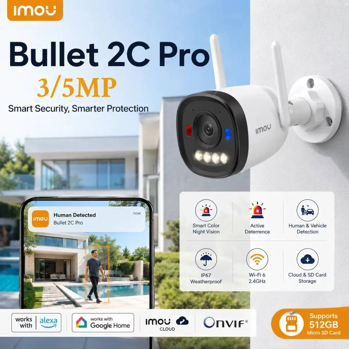 IMOU Bullet 2C Pro 3MP/5MP 2K/3K WiFi 6 Outdoor AOR Mode Security Camera Human Vehicle Detection Night Vision IP67 IP Camera