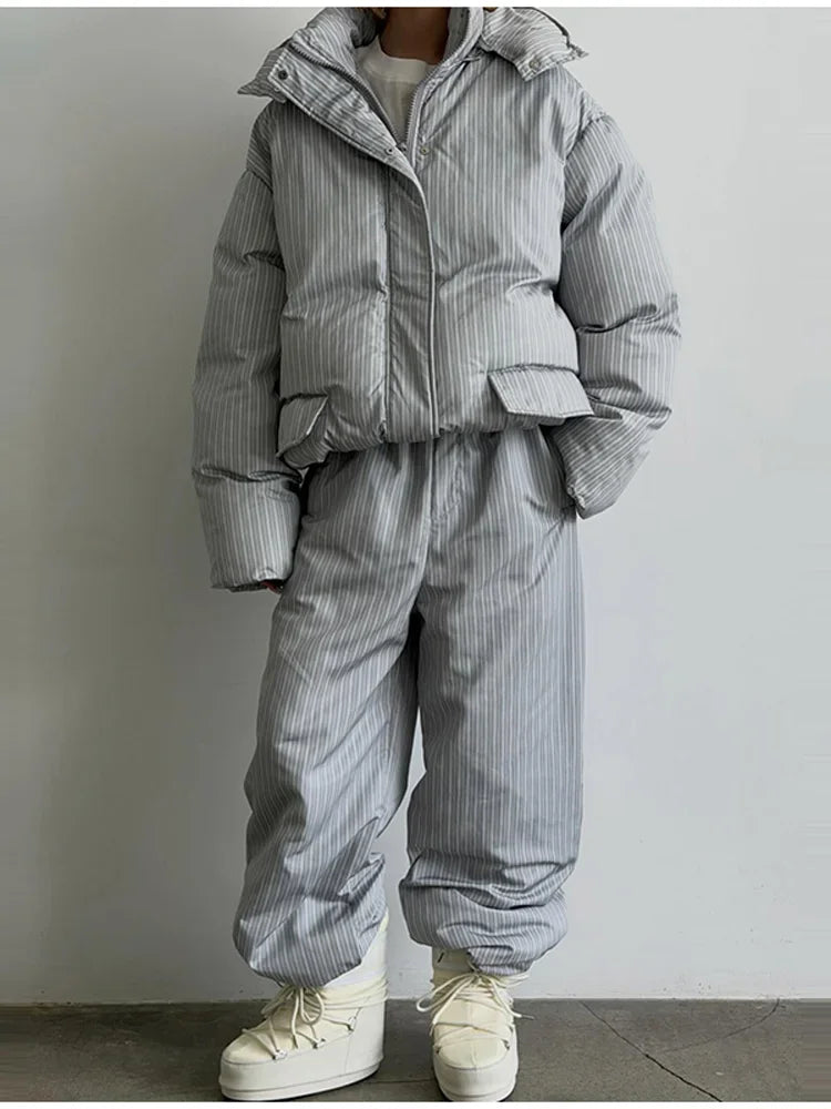 Stripe Women's Padded Cotton Coats Pant Suit Hooded Zipper Puffer Coat Loose Thick Pants 2026 Fashion Lady Autumn Winter Ski Set