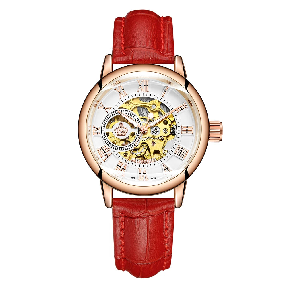 ORKINA Women Watch Automatic Mechanical Skeleton Chic Rose Gold Lady Wristwatch in Mesh Stainless Steel Bracelet / Leather Strap