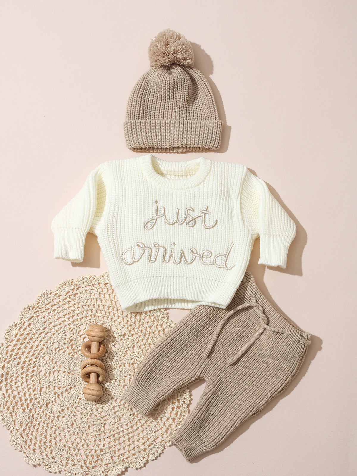 Ylsteed 3 Pcs Set Knitting Newborn Boy Photography Clothes "Just Arrived" Embroidery Khaki Baby Outfits Sweater Baby Shower Gift