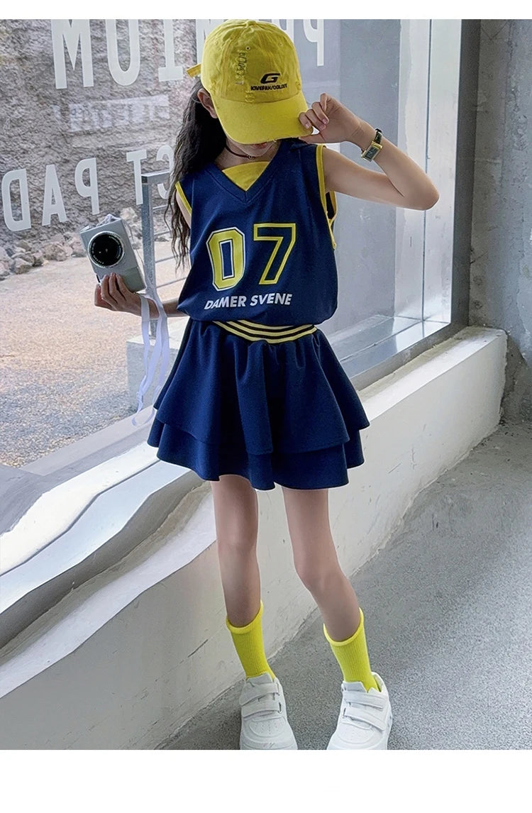 Girls Clothes Set Kids Two Pieces Suits Child Sporty Style Tee+Shorts Sets Tween Girls Clothes Set With Number Design Size 4-14Y