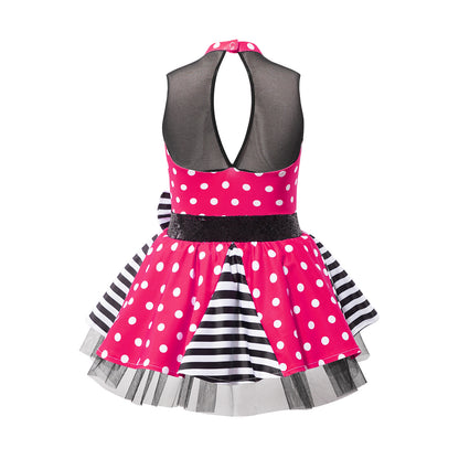 Girls Jazz Latin Ballet Dance Dress Polka Dots Print Mesh Sequin Bowknot Tutu Dress Birthdays Party Wedding Flower Girl Dresses