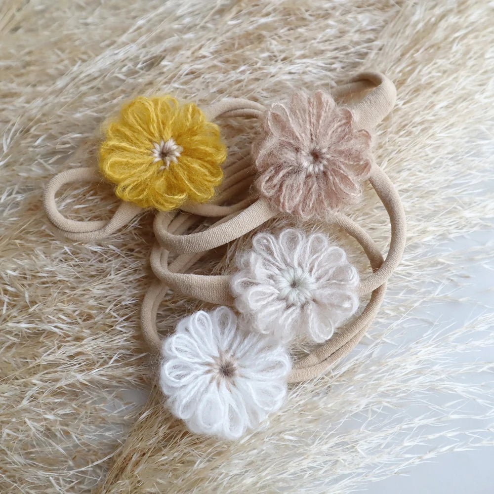 1.6in Woolen Flowers Baby Girls Nylon Headbands Kid Handmade Elastic Hairbands Children Hair Accessories Vintage Toddler Winter