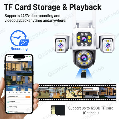 Yoosee 15MP WIFI Security Camera Outdoor AI Human Tracking 3 Lens 3 Screens 360° PTZ Surveillance Full Color Night Vision CCTV