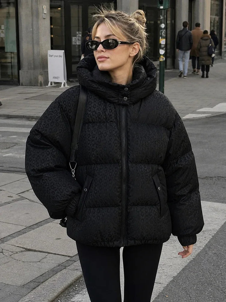Casual Leopard Pattern Hooded Padded Coat Waterproof Fabric Zipper Long Sleeve Black Jacket Autumn Winter New Fashion Outerwear