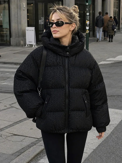 Casual Leopard Pattern Hooded Padded Coat Waterproof Fabric Zipper Long Sleeve Black Jacket Autumn Winter New Fashion Outerwear