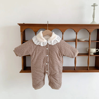 Korean Baby Cotton Jumpsuit Thickened Hooded Romper Plush Warm Autumn Winter Newborn Clothes Floral Princess Bodysuit Ropa Bebe