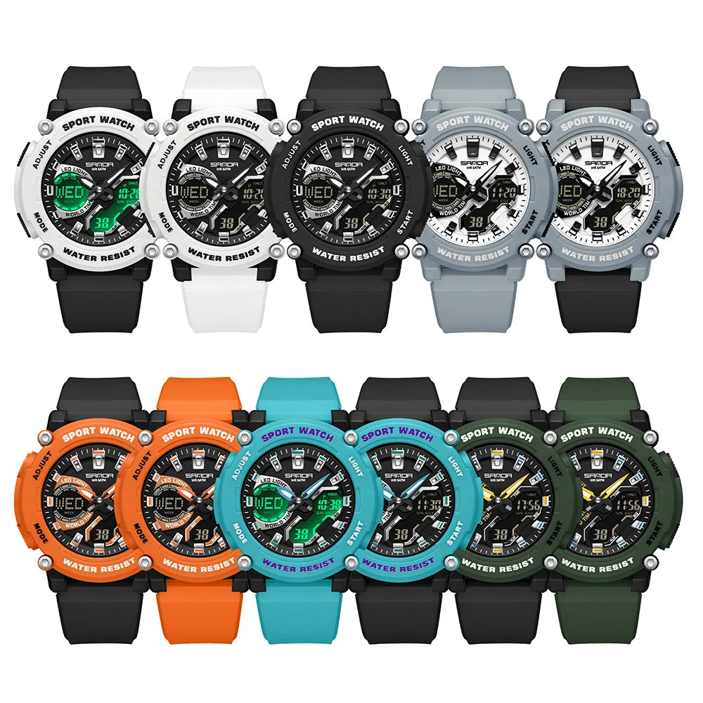 SANDA Outdoor Men's Electronic Wristwatch Large Dial Multifunctional Waterproof Luminous Alarm Military Sports Watch