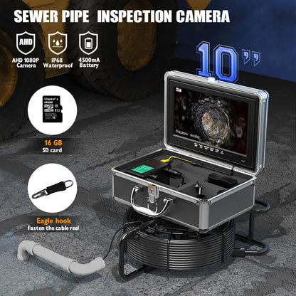 17MM/23MM Sewer Pipe Inspection Camera  with DVR 16GB TF Card, Sewer Drain Industrial Endoscope 10" Monitor AHD 720P Camera