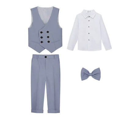 Teenager Kids Beige WaistCoat Shirt Pants Bowtie Tuxedo Dress Boys Vest Suit For Wedding Children Host Photograph Party Costume