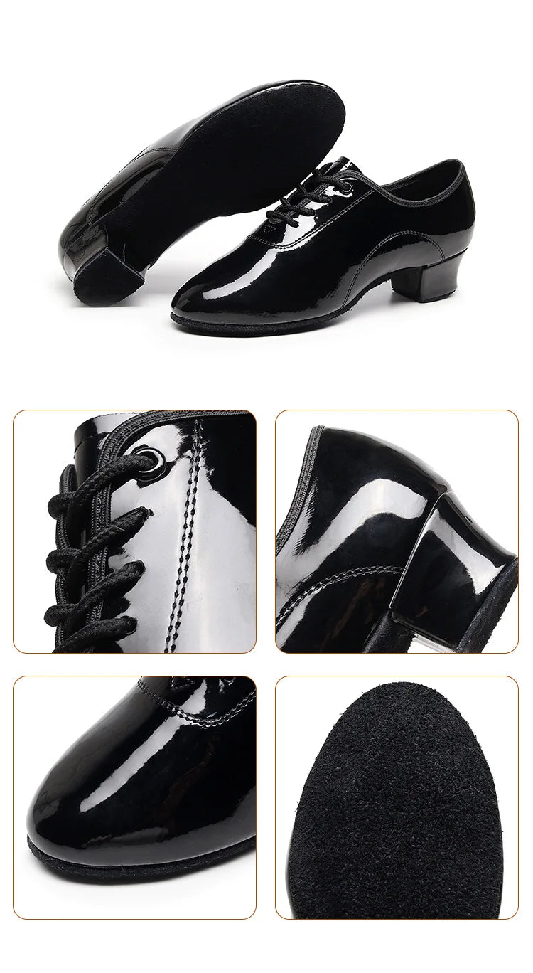 Children Latin Dance Shoes Boy Men Professional Leather Latin Shoes Black Soft Sole Kids Low-heeled Social Modern Dance Shoes