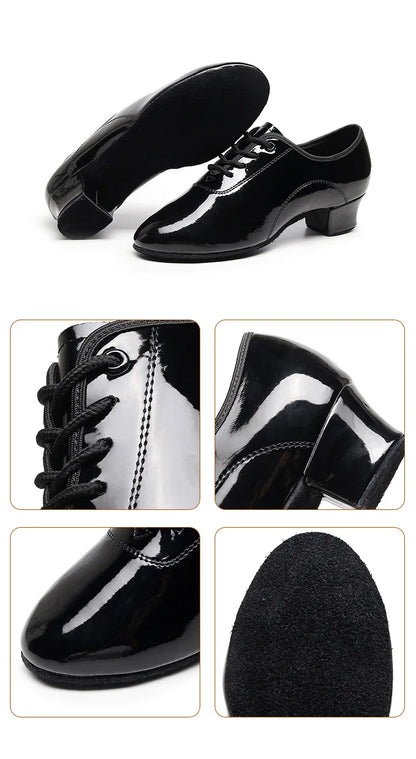 Children Latin Dance Shoes Boy Men Professional Leather Latin Shoes Black Soft Sole Kids Low-heeled Social Modern Dance Shoes