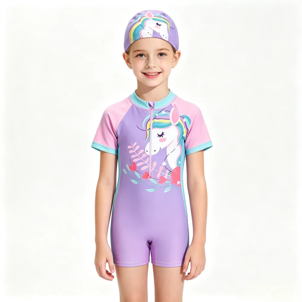 Baby Girls Rash Guard Swimsuits Bow Print Zip Up Short Sleeve Stand Collar Baby Girls Swimwears Bathing Suit 2 3 4 5 6 8 10Years