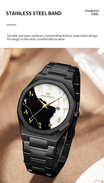 Top Brand Men Watch Marble Dial 42mm Arabic Scale Clock Silver Stainless Steel Quartz Movement Sports Business Wristatch for Men