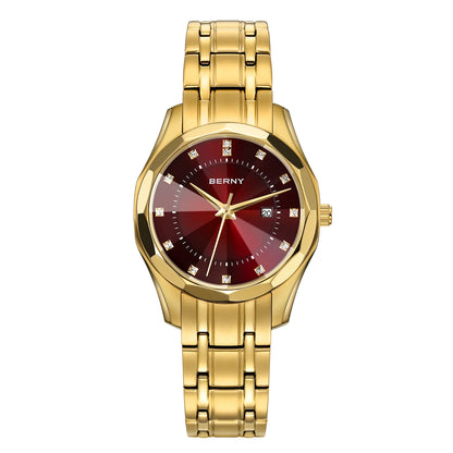 BERNY Golden Watch for Women Quartz Luxury Diamond Shape Lens Ladies Wristwatch Waterproof Stainless Steel Fashion Women Watch