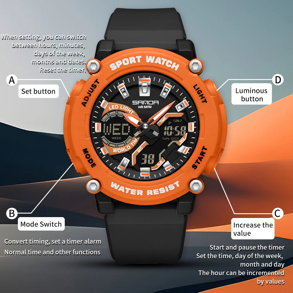 SANDA Outdoor Men's Electronic Wristwatch Large Dial Multifunctional Waterproof Luminous Alarm Military Sports Watch