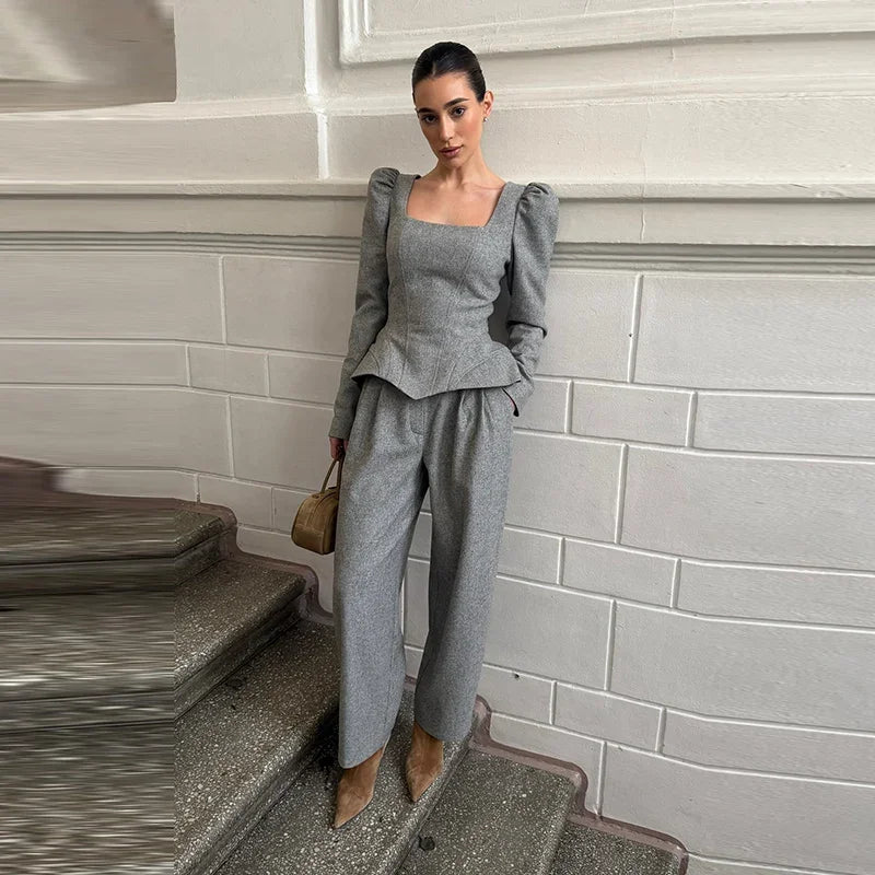 Casual Solid Woolen Top Pants Set Women Puff Full Sleeve Closed Waist Blouse Straight Trousers Sets 2026 Autumn Winter Lady Suit