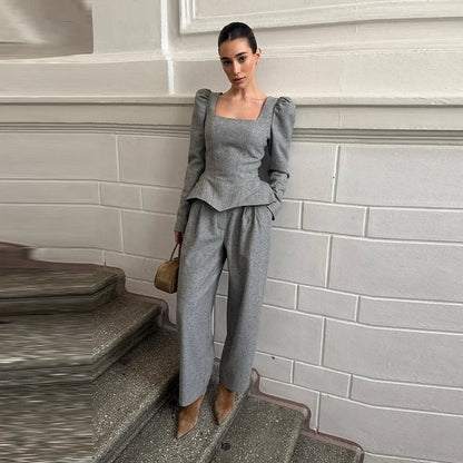 Casual Solid Woolen Top Pants Set Women Puff Full Sleeve Closed Waist Blouse Straight Trousers Sets 2026 Autumn Winter Lady Suit