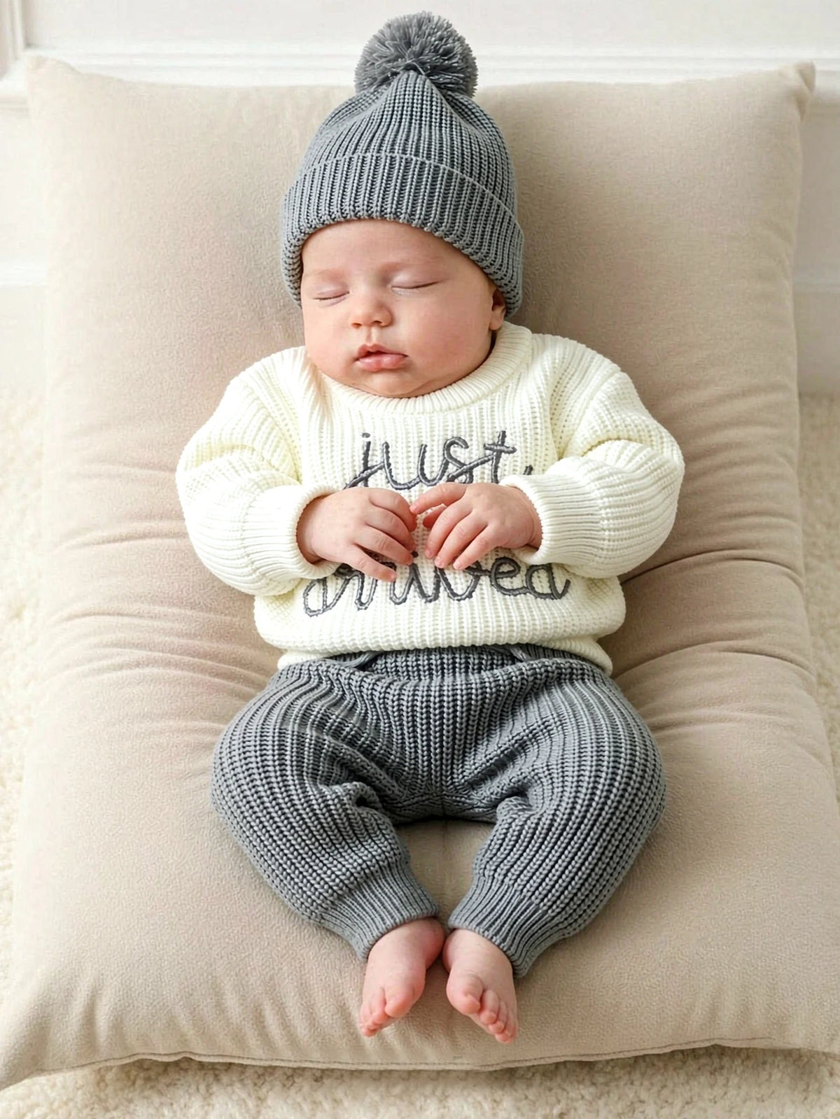 Ylsteed 3 Pcs Set Knitting Newborn Boy Photography Clothes "Just Arrived" Embroidery Khaki Baby Outfits Sweater Baby Shower Gift