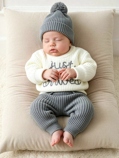 Ylsteed 3 Pcs Set Knitting Newborn Boy Photography Clothes "Just Arrived" Embroidery Khaki Baby Outfits Sweater Baby Shower Gift