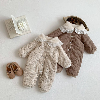 Korean Baby Cotton Jumpsuit Thickened Hooded Romper Plush Warm Autumn Winter Newborn Clothes Floral Princess Bodysuit Ropa Bebe
