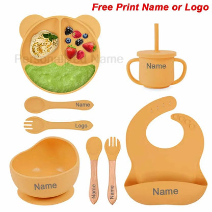 Feeding Set Silicone For Baby Sucker Bowl Dishes Plate For Kids Bear Plate Set Baby Tableware Children's Cup With Straw 8Pcs
