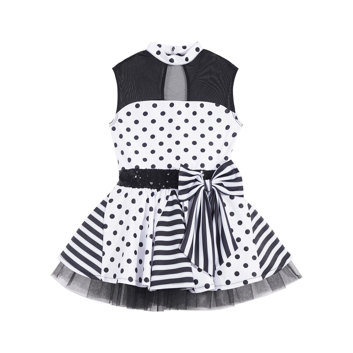 Girls Jazz Latin Ballet Dance Dress Polka Dots Print Mesh Sequin Bowknot Tutu Dress Birthdays Party Wedding Flower Girl Dresses