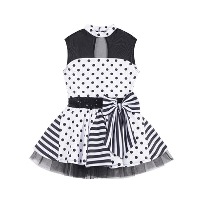 Girls Jazz Latin Ballet Dance Dress Polka Dots Print Mesh Sequin Bowknot Tutu Dress Birthdays Party Wedding Flower Girl Dresses