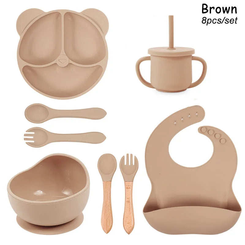 Feeding Set Silicone For Baby Sucker Bowl Dishes Plate For Kids Bear Plate Set Baby Tableware Children's Cup With Straw 8Pcs