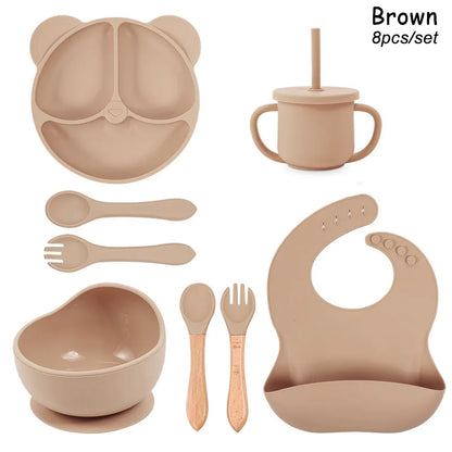 Feeding Set Silicone For Baby Sucker Bowl Dishes Plate For Kids Bear Plate Set Baby Tableware Children's Cup With Straw 8Pcs