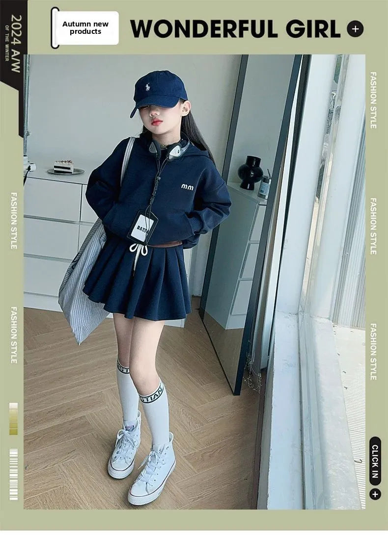 Girls Autumn Casual Outfit Set Two-Piece Long-Sleeve Top + Short Skirt Set Children's  Clothing Set Suitable for Girls Aged 7-17