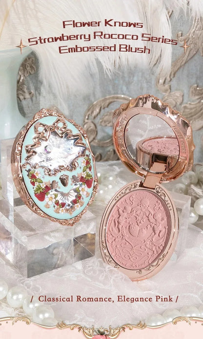Flower Knows Strawberry Rococo Embossed Blush Fine Powder Makeup Smooth Long Lasting Blusher Waterproof Blush Maquiagem
